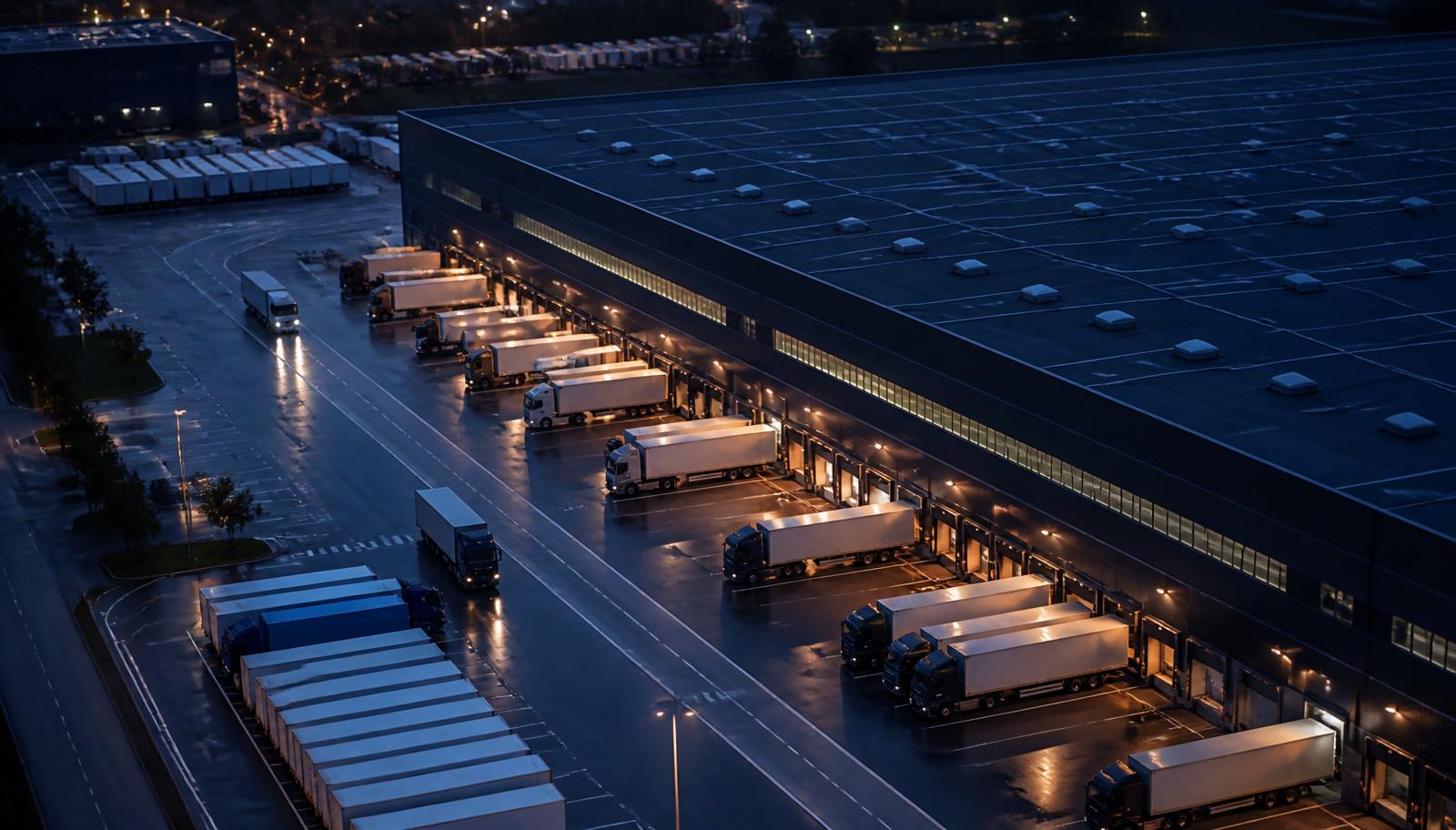Freight trucks positioned at loading docks of a distribution center at dusk