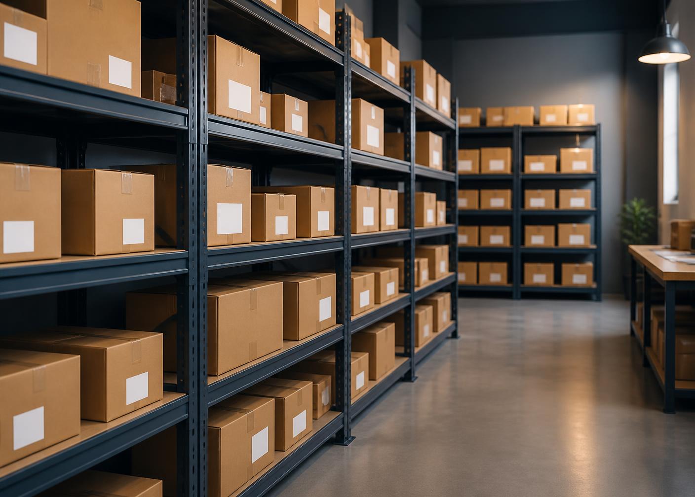 Neatly labeled cartons organized on shelving in a clean inventory stockroom